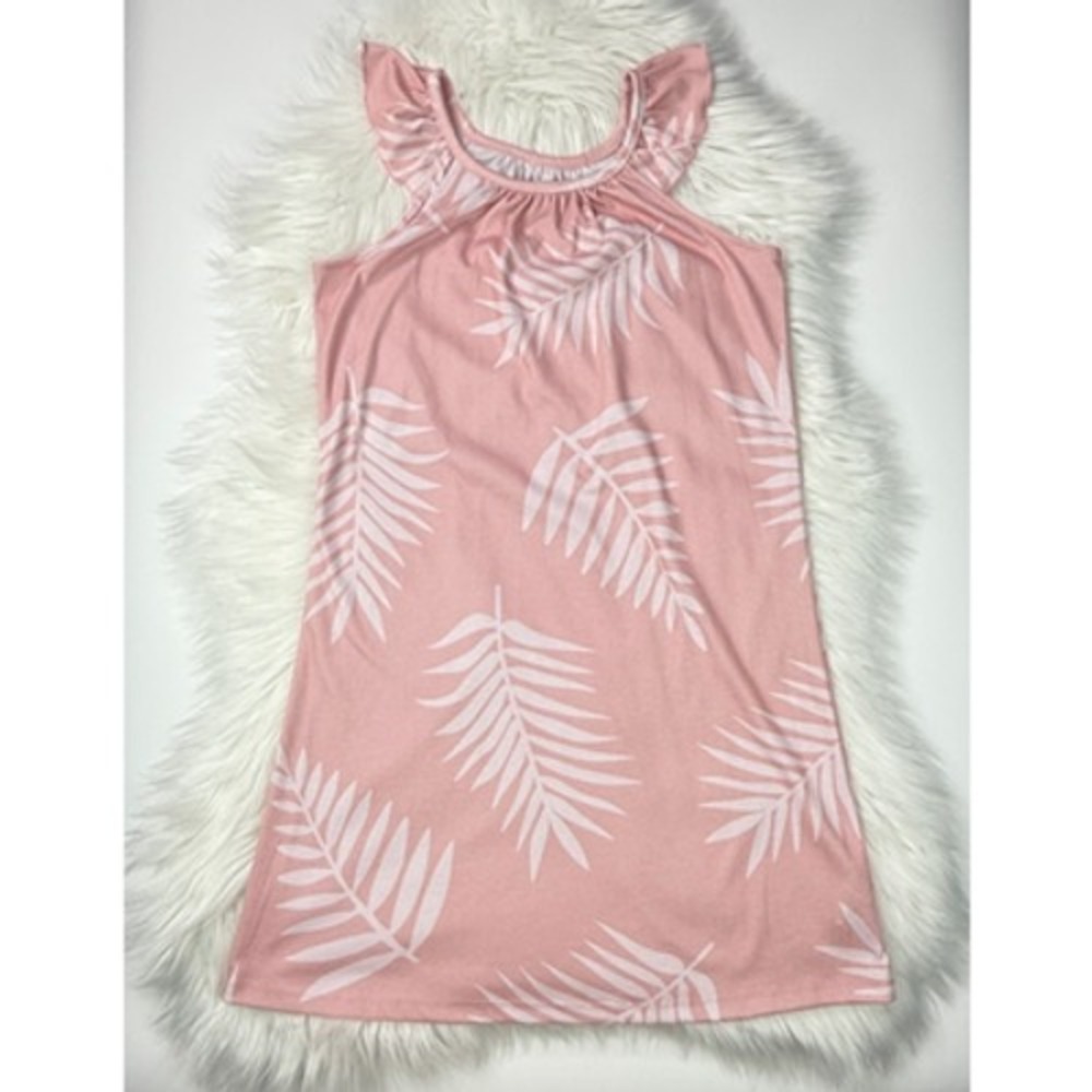 Wonder Nation Girls Pink Tropical Palm Leaf Ruffle Sleeve Nightgown Size L 10-12
